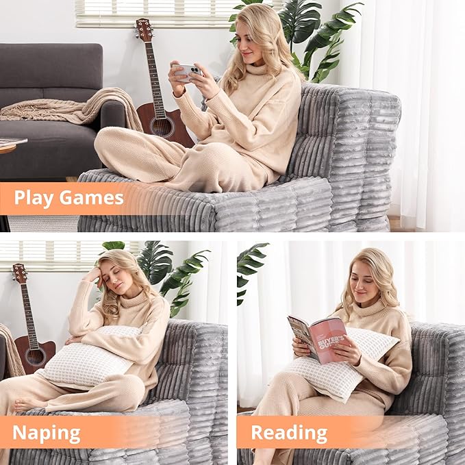 Armless Fireside Couch Hybrid Bean Bag Floor Sofa, Light Gray