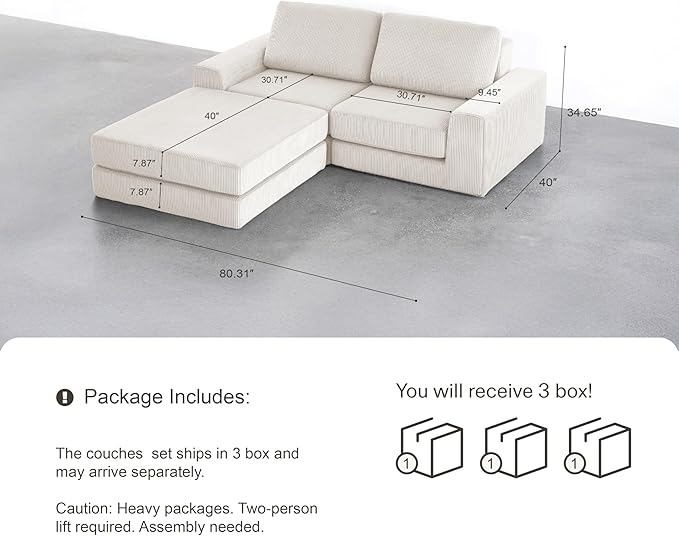 80.31‘’ Boneless Couch Cloud Modular Sectional Couches for Living Room, Modern Oversize L-Shape Sofa with Deep Seat, Modular Loveseat with Ottoman, No Assembly Required
