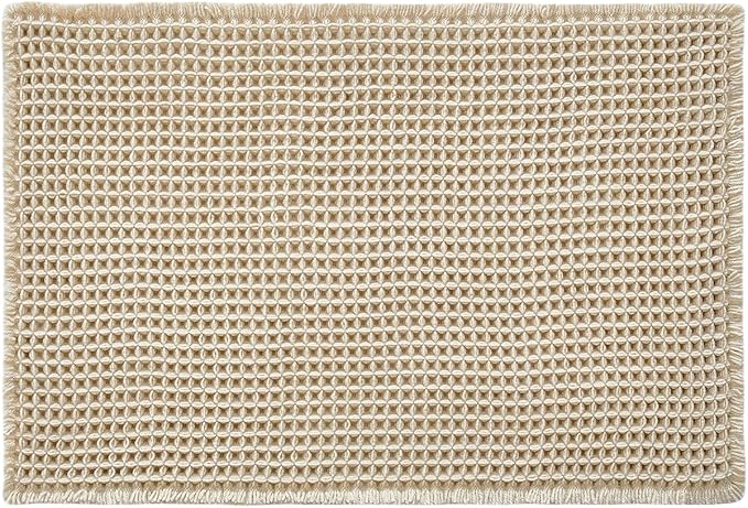 Pale Beige Bathroom Rug, Waffle Bath Mat Non Slip Washable Super Absorbent Quick Dry Boho Farmhouse Bathroom Decor, 24''x16'' Pale Beige