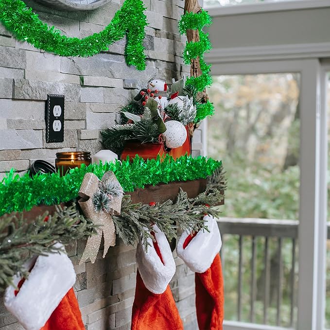 CANREVEL 4 Pieces 26.2 Ft Christmas Garland Metallic Shiny Twist Tinsel Garland Hanging Decorations for Christmas Tree, Mantle, Stairs Railing Decorations - Green