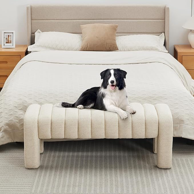 63’’ End of Bed Bench, Modern Linen Entryway Bench, Upholstered Ottoman Stool with Extra Length, Full Coverage Fabrics, Ottoman for Bedroom, Living Room, Dining Room, Beige
