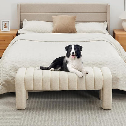63’’ End of Bed Bench, Modern Linen Entryway Bench, Upholstered Ottoman Stool with Extra Length, Full Coverage Fabrics, Ottoman for Bedroom, Living Room, Dining Room, Beige