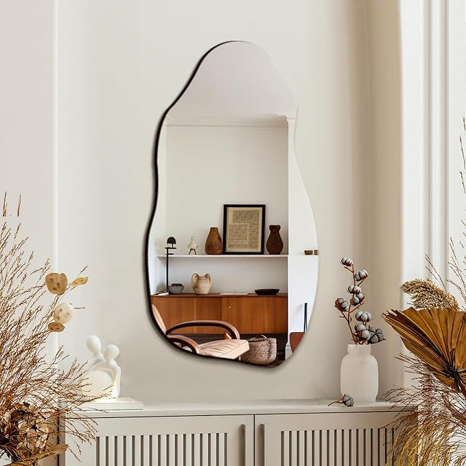 Irregular Asymmetrical Wall Mirror for Living Room Bathroom Entryway, Modern Decorative Mirror Hanging (Hook Style, 32'' x 18'')