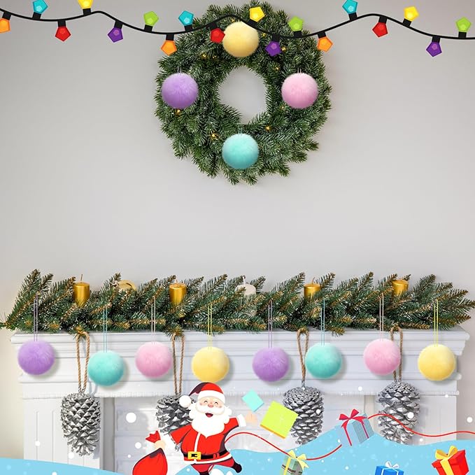 Gejoy 12 Pcs Pastel Furry Christmas Ball Ornaments for Xmas Tree Colorful Christmas Hanging Decorations Soft Faux Fur Pom Pom Ball Ornaments for Party Supplies Fireplace Mantel Home Wall Decor