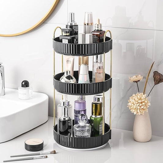 Aveniee 360 Rotating Makeup Organizer for Vanity, Large Spinning Bathroom Counter Organizer Shelf Holder for Cosmetics, Skin Care, Lipsticks,3 Tiers, Black