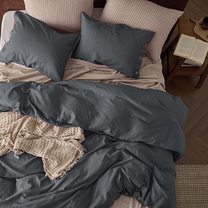 Bedsure Linen Duvet Cover King Size - Linen Cotton Blend Bedding Set, Soft & Cozy, 3 Pieces, 1 Duvet Cover 104x90 and 2 Pillowcases, Charcoal Grey Color Cooling Bedding, Comforter Sold Separately