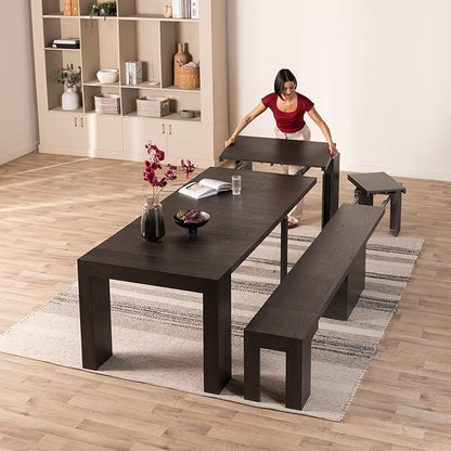 Transformer Table Expandable Dining Table for 2 to 12, Solid Wood Extendable Kitchen Table, Space-Saving Furniture, Small to Large Adjustable Dinner Table with Bench (Black, Table + Bench)