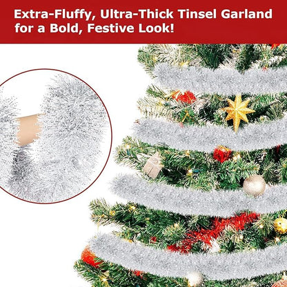 Lush Christmas Tinsel Garland, Silver & White Radiant Metallic Twist Streamers for Holiday Decor, Plush & Full Xmas Tree Garland for an Elegant Festive Atmosphere, Indoor & Outdoor Party Supplies