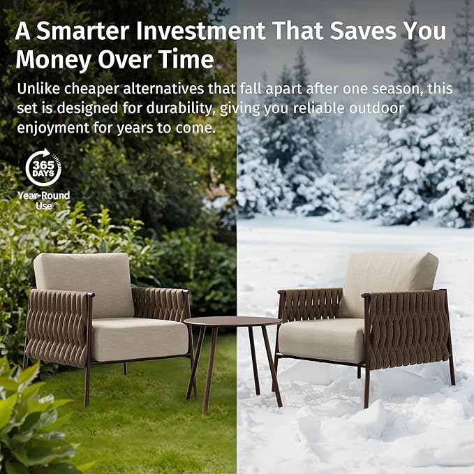 EAST OAK 3-Piece Patio Furniture Set Outdoor Seating Furniture with Cushions | Deep Seating Modern Conversation Set | Garden, Porch, Balcony & Backyard | Chestnut & Apricot