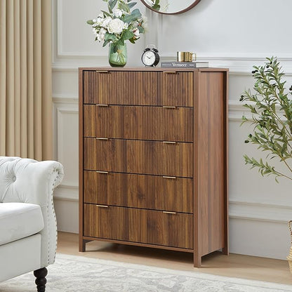 5 Drawer Dressers for Bedroom, Modern Closet Chest of Drawers with Waveform Fluted Panel, Large Wood Storage Dresser Organizer for Nursery Bedroom Living Room Hallway Closet, Walnut