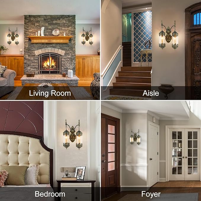 Rustic Wall Sconce with Amber Glass Vintage 2-Lights Antique Gothic Wall Light Fixture Retro Mid Centry Lantern Wall Sconce for Bedroom, Living Room, Mirror, Brush Gold, E12