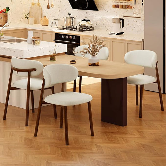 Kitchen Dining Chairs Set of 4 Modern Soft Linen Farmhouse Dining Room Chair with Metal Legs, Beige/Walnut