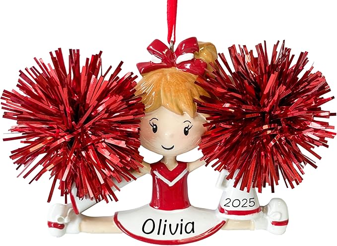 Personalized Cheerleader Christmas Ornament 2025 | Cheer Girl Dancer Cheerleading with Red Pompom Ornament for Christmas Tree | Pom Pom Dance Gift