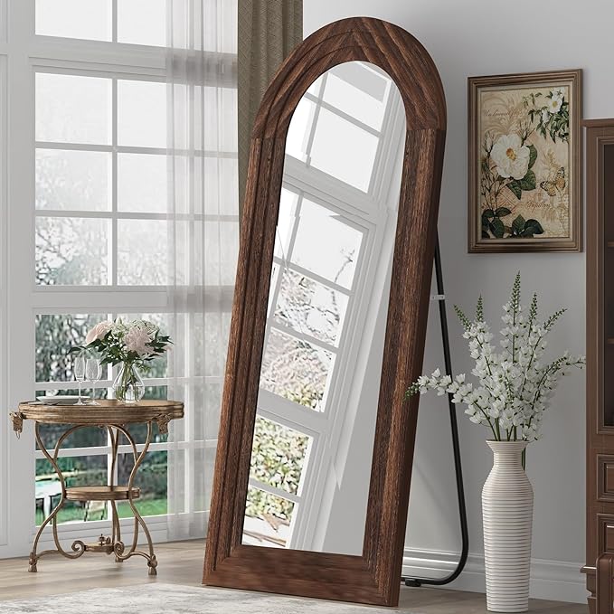 Arched Full Length Mirror with Solid Wood Frame, 65x22 Farmhouse Wall Mounted Floor Mirror with Stand, Vertical Hanging, Leaning Standing for Bedroom, Living Room, Brown