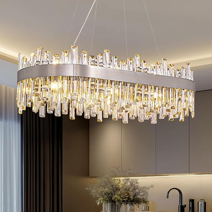 Siljoy 16-Light Modern Crystal Chandelier, Luxury Rectangular 2-Tier Crystal Raindrop Chandelier, Brushed Nickel Oval Pendant Ceiling Light Fixture for Dining Room Kitchen Island Bar L35.4''