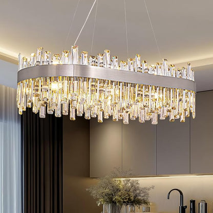 Siljoy 16-Light Modern Crystal Chandelier, Luxury Rectangular 2-Tier Crystal Raindrop Chandelier, Brushed Nickel Oval Pendant Ceiling Light Fixture for Dining Room Kitchen Island Bar L35.4''