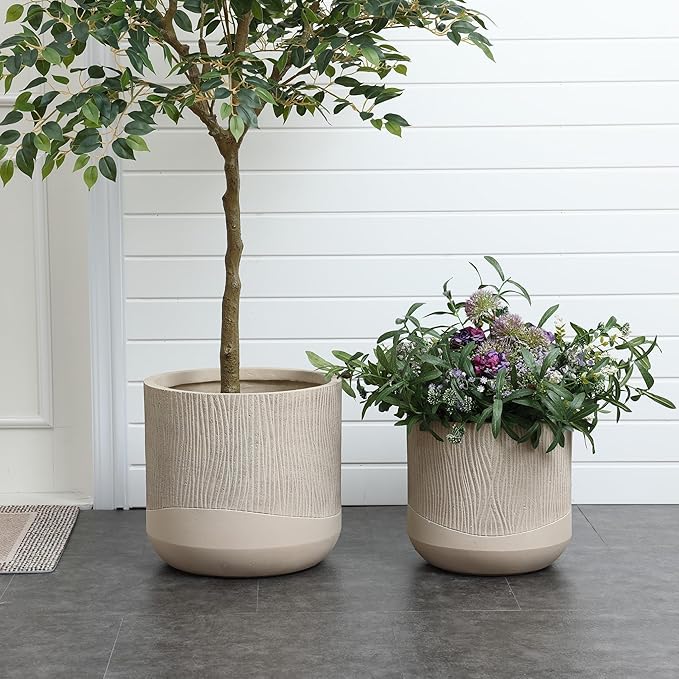 LuxenHome 12 Inch Dia Round Concrete Planter, Indoor Outdoor Large Plant Pot with Drainage Hole and Rubber Plug, Decorative Flower Pot for Plants, Blended Tan Tapered Planter for Home Patio Garden