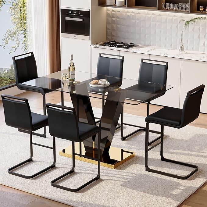 Bar Stools Set of 6,25" Counter Height Bar Stools with Footrest,Black Faux Leather Kitchen Stools with Black Painted Metal Leg,Counter Height Stools Ideal for Island Pub Kitchen Counter Dining Chair