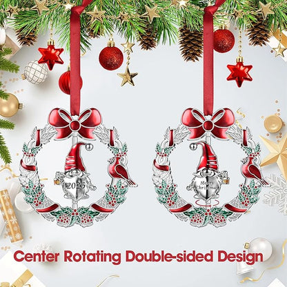 Christmas Ornament 2025 for Xmas Tree Decorations - 2025 Santa Gnome Christmas Wreath Ornament with Rotatable Gnome for Holiday Decoration Keepsake Gift