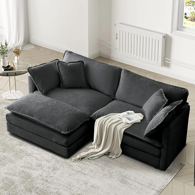 SoarFlash Chenille Sectional Sofa, Comfy L Shaped Modular Coush Sofa with Ottoman, Modern 2 Seat Couch Deep Seat Sofa Set for Living Room,Grey