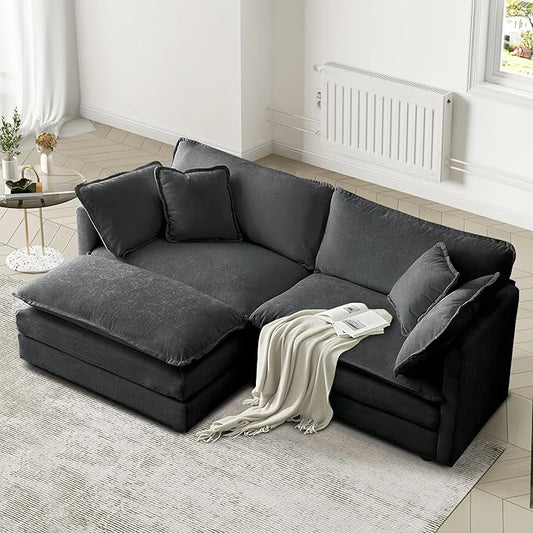 SoarFlash Chenille Sectional Sofa, Comfy L Shaped Modular Coush Sofa with Ottoman, Modern 2 Seat Couch Deep Seat Sofa Set for Living Room,Grey
