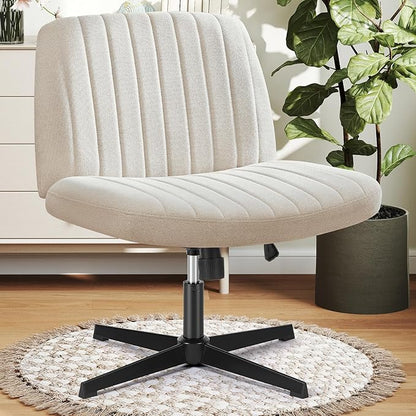 DUMOS Desk Chair No Wheels, Criss Cross Chair Wide Cross Legged Desk Vanity Comfy Chair, Armless Adjustable Swivel Chairs for Home Computer Task Beige