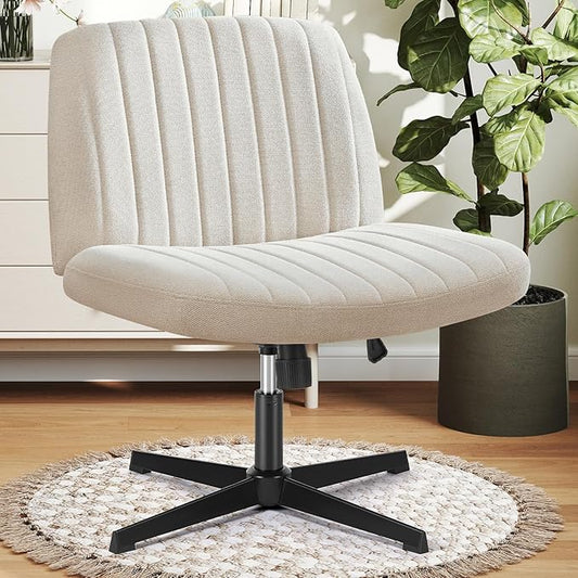 DUMOS Desk Chair No Wheels, Criss Cross Chair Wide Cross Legged Desk Vanity Comfy Chair, Armless Adjustable Swivel Chairs for Home Computer Task Beige