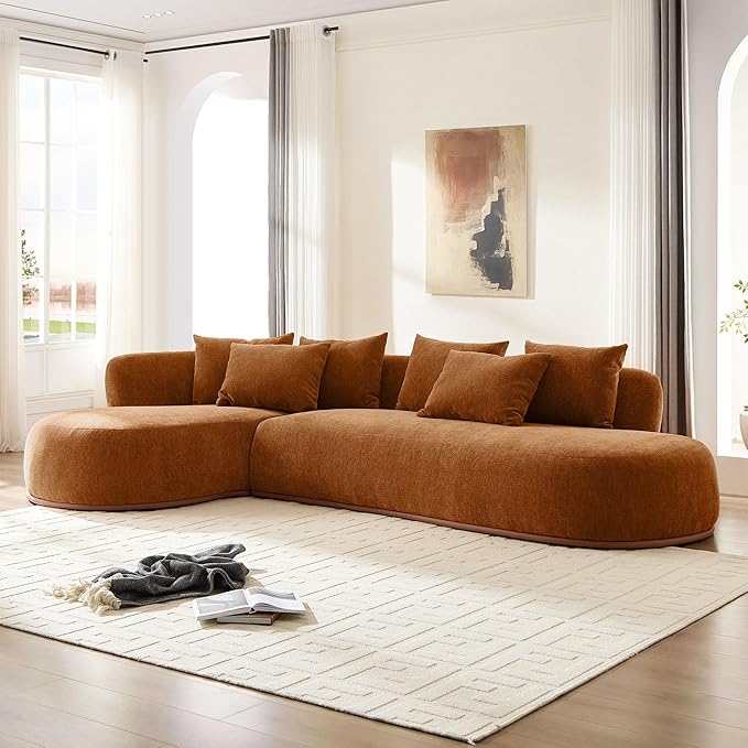 WILLIAMSPACE 134.63" Oversize Curved Sofa Cloud Couch with Round Chaise, Modern Upholstered Curved Sectional Sofa Couch with 6 Pillows for Living Room, No Assembly (Left-Facing,Orange)