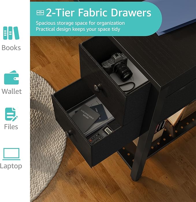 Lufeiya Gaming Desk with Fabric Drawers, 47 Inch Computer Desk for Home Office, Modern Simple Study Writing Table PC Desks for Bedroom, Black