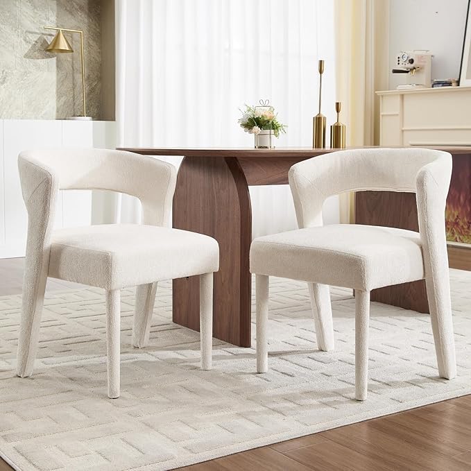 DUOMAY Modern Dining Chairs Set of 2, Chenille Fabric Upholstered Kitchen Chair with Curved Open Back Accent Side Chairs Dining Room Chairs with Wood Legs, White