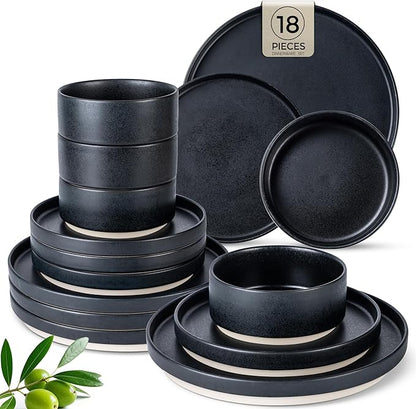 TheTerra Ceramic Dinnerware Sets for 6, 18 Pieces Handmade Reactive Glaze Plates and Bowls Set, Scratch Resistant Dish Set, Oven & Microwave & Dishwasher Safe, Matte Black