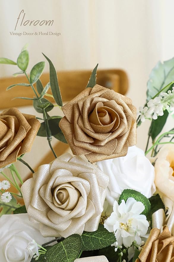 Floroom Artificial Flowers 25pcs Real Looking Gold & Champagne Gold Foam Fake Roses with Stems for DIY Wedding Bouquets Bridal Shower Centerpieces Floral Arrangements Party Tables Home Decorations