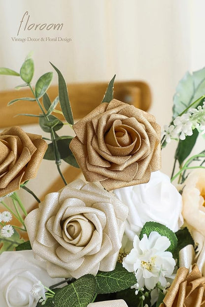 Floroom Artificial Flowers 25pcs Real Looking Gold & Champagne Gold Foam Fake Roses with Stems for DIY Wedding Bouquets Bridal Shower Centerpieces Floral Arrangements Party Tables Home Decorations