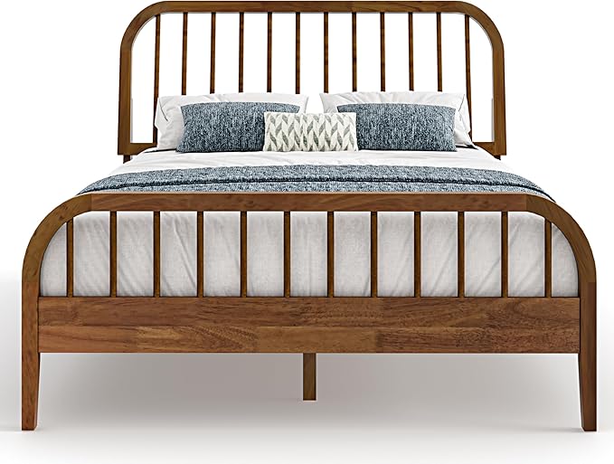 DG Casa Wesley Solid Wood King Size Bed Frame - Mid Century Modern Style, Platform with Spindle Headboard and Footboard, No Box Spring Required, Walnut Finish