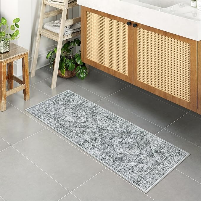 Uphome Gray Bathroom Rugs, Distressed Farmhouse Boho Bath Mat, Non Slip Washable Soft Velvet Bath Mats for Bathroom Floor, Vintage Traditonal Bath Runner for Bathtub Sink Shower, 18x47 inch