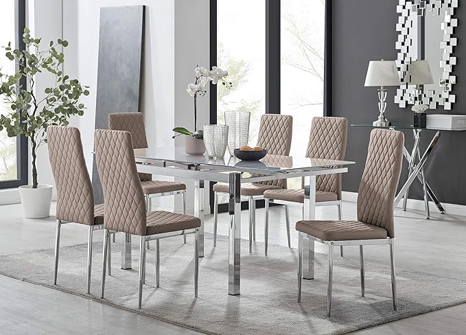 Furniturebox UK Enna White Glass Extending Dining Table and 6 Milan Chairs (6 Cappuccino Chairs)