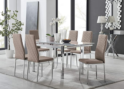 Furniturebox UK Enna White Glass Extending Dining Table and 6 Milan Chairs (6 Cappuccino Chairs)