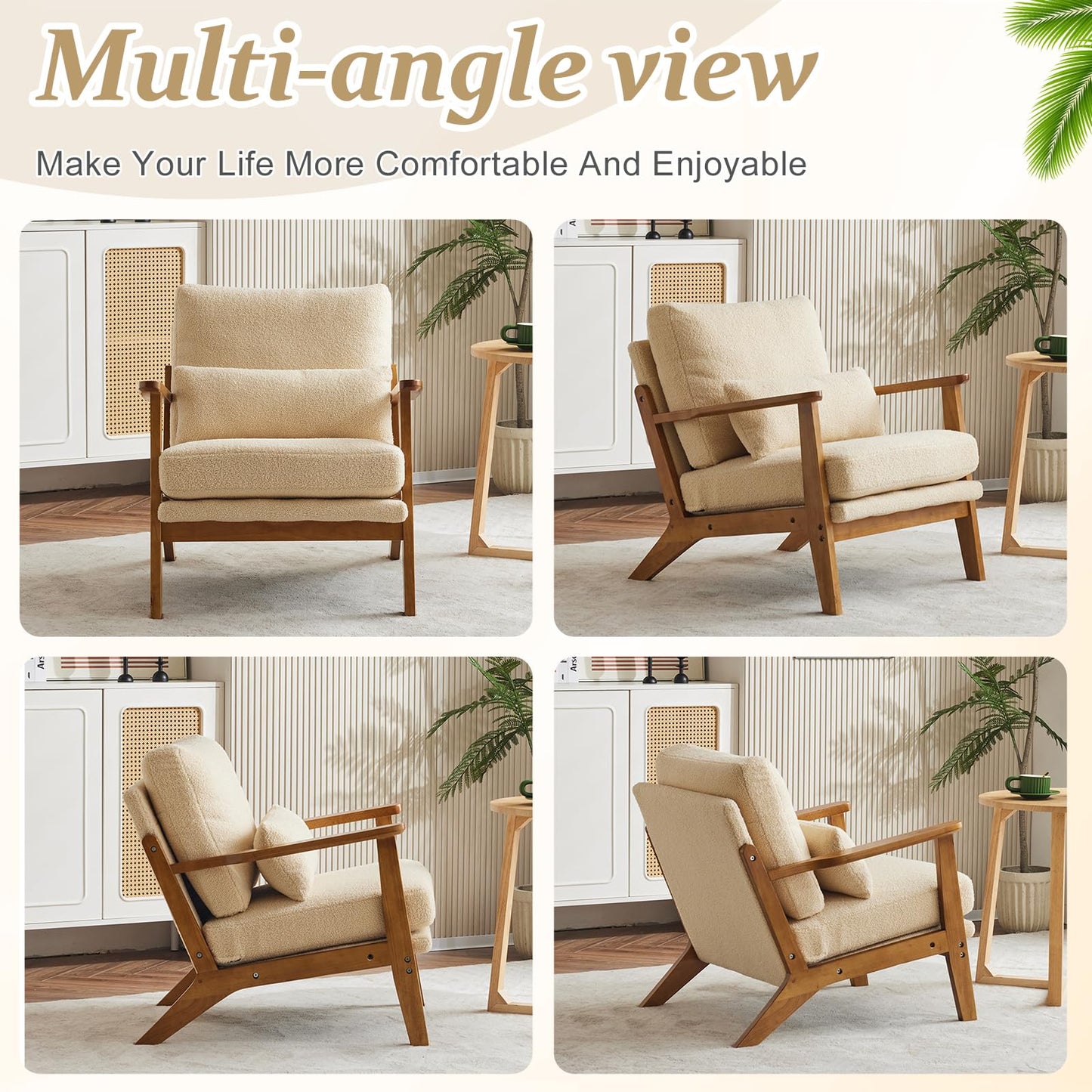 VINGLI Solid Wood Wide Armrests Accent Chair,Upholstered Mid Century Modern Chair with Pillow,Comfy Reading Chair Farmhouse Arm Chair,Chairs Living Room,Bedroom,Guest Room,Teddy Fleece,Khaki