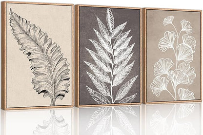 HOURIA Beige Brown Botanical Leaf Framed Canvas Wall Art Set,Modern Natural Leaves Wall Decor,Vintage Minimalist Floral Artwork,Black and White Plant Art Print for Living Room,Bedroom,Office-24"x36"x3