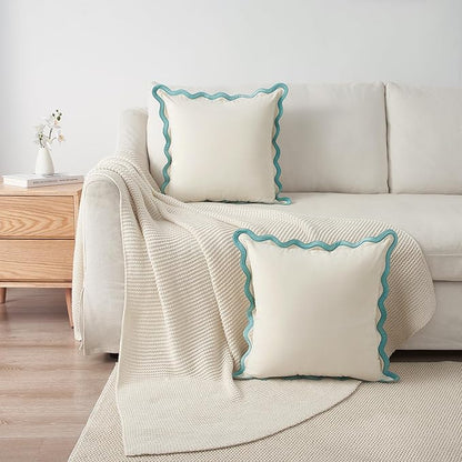 MONDAY MOOSE Decorative Throw Pillow Covers Cushion Cases, Set of 2 Soft Velvet Scalloped Wavy Edge Designs, Mix and Match for Home Decor, Pillow Inserts Not Included (White/Light Blue, 18x18 inch)