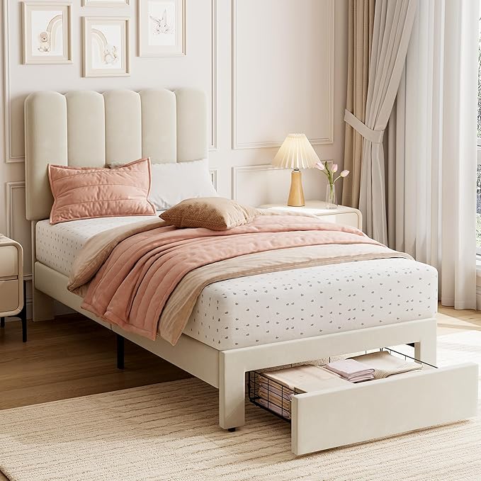 GarveeHome 2 Sets Twin Bed Frame with Under-Bed Drawer, Upholstered Platform Bed with Wave Headboard for Kids/Girls, Wooden Slats Support, No Box Spring Needed, Velvet Beige