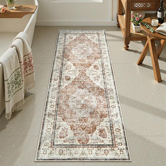 Uphome Bathroom Rugs Runner, Distressed Farmhouse Boho Orange Bath Mat, Non Slip Washable Long Bath Rugs, Vintage Traditonal Soft Velvet Bathroom Runner for Bathtub Sink Shower, 20x60 inch