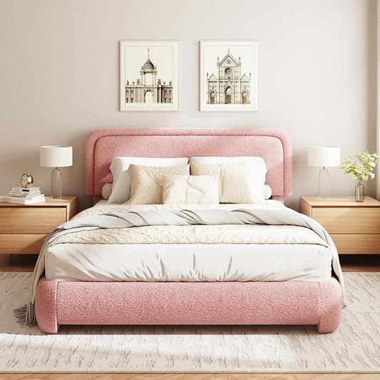 Queen Size Boucle Bed Frame, Cloud Upholstered Platform Bed with Height Adjustable Headboard & Soft Rounded Corners, No Box Spring Needed, Noise Free, Easy Assembly, Pink
