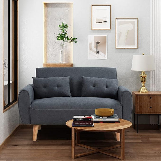 Shintenchi Small Modern Loveseat Couch Sofa, Mid Century Fabric Upholstered 2-Seat Sofa Couch Love Seats, Dark Grey