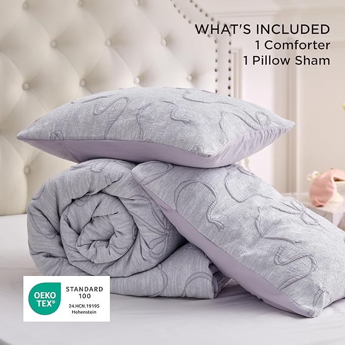 Bedsure Twin Size Comforter Set, Light Purple Boho Tufted Bed Set, 3D Puffy Jacquard Bedding Twin Size, 2 Pieces, 1 Farmhouse Shabby Chic Embroidery Comforter with Bow Pattern & 1 Pillow Case