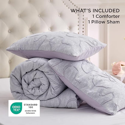 Bedsure Twin Size Comforter Set, Light Purple Boho Tufted Bed Set, 3D Puffy Jacquard Bedding Twin Size, 2 Pieces, 1 Farmhouse Shabby Chic Embroidery Comforter with Bow Pattern & 1 Pillow Case