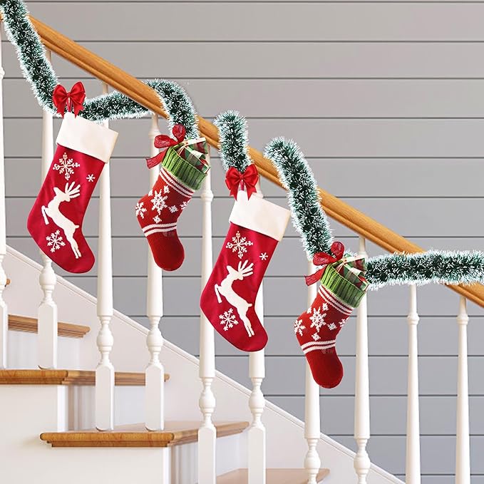 50 Feet Green Christmas Tinsel Garland Christmas Decorations for Xmas Tree Decor Metallic Twist Shiny Hanging Garlands for Tree Mantel Stairs Fireplace Home Indoor Outdoor Holiday Decor Party Supplies