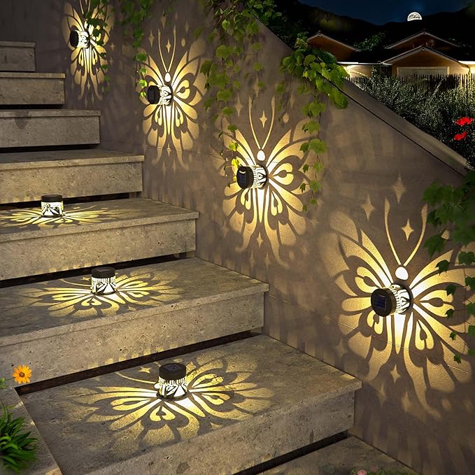Solar Fence Lights 2 Pack Outdoor Deck Step Wall Lights Metal Waterproof LED Warm Yellow Light for Garden Post Patio Backyard Yard Decor (Butterfly-Star, 2)