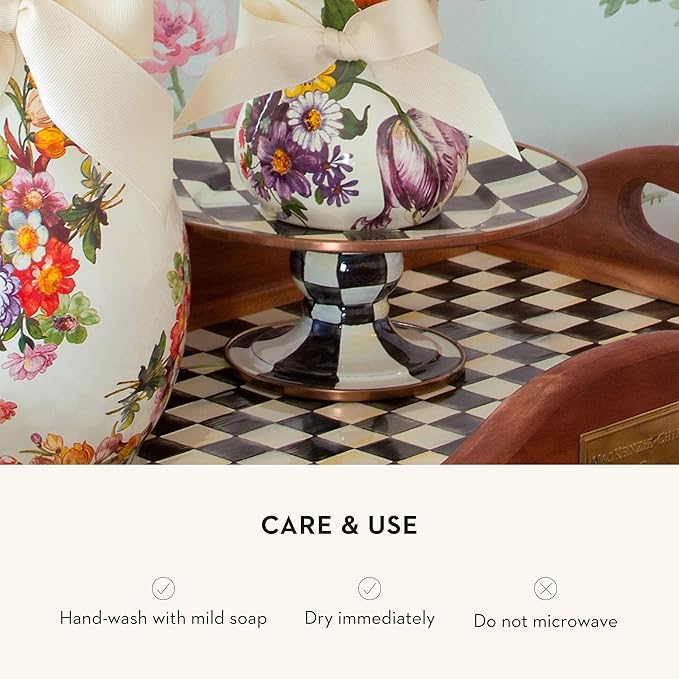 MACKENZIE-CHILDS Enamel Pedestal Serving Platter, Decorative Serving Dish for Food, Mini, Black-and-White Courtly Check