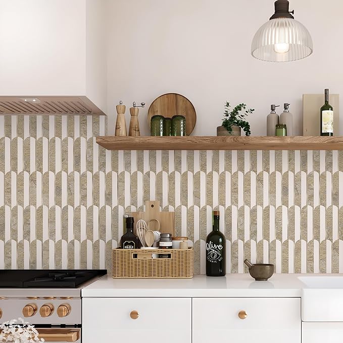 Vamos Tile Peel and Stick Backsplash Seamless Tile,10 Sheets Stick on Backsplash for Kitchen& Bathroom,Honey Travertine+Matt Pure White Marble Look+Light Gold Metal Self Adhesive Backsplash Tile